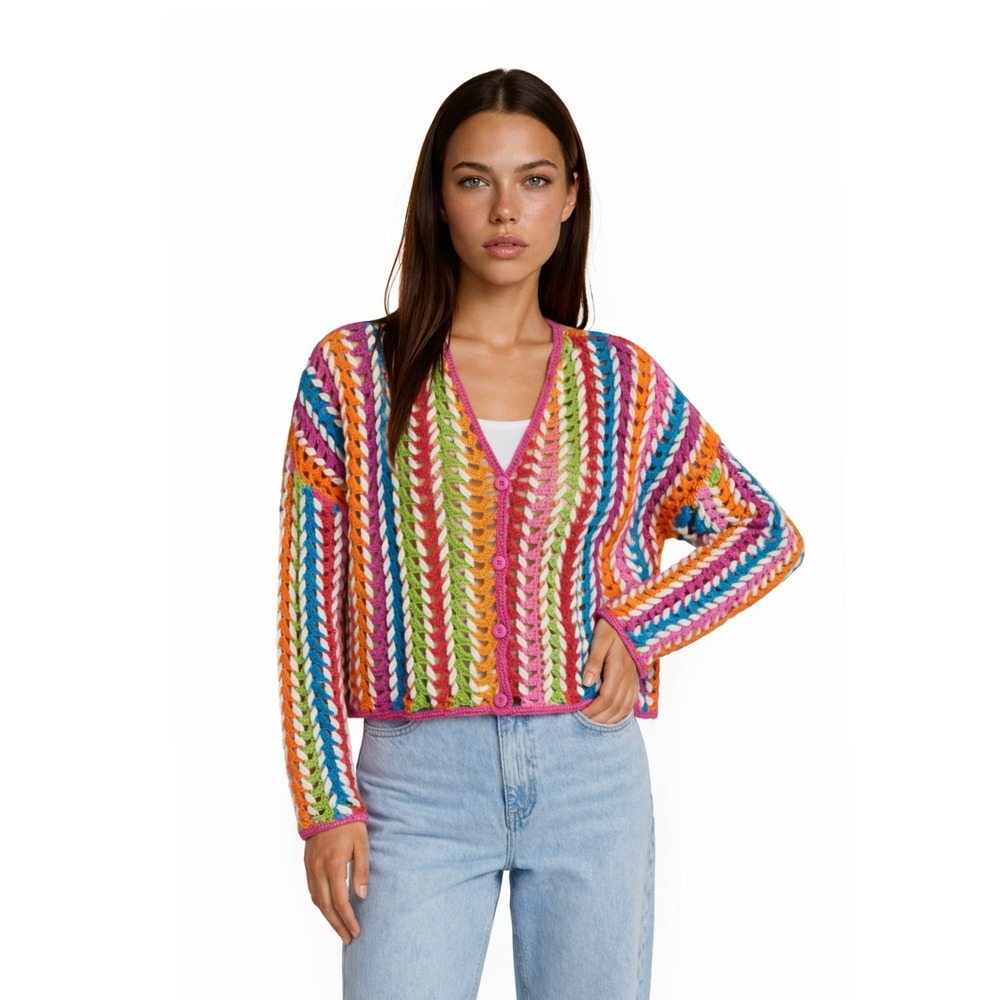 Vintage Casa Maglia Crochet Sweater‎ Women's Size Large Multicolor Cardigan